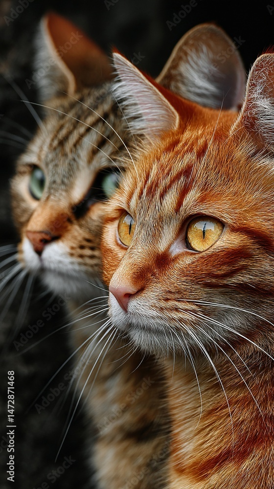 Poster two felines lounging together on a dark background while gazing out into space