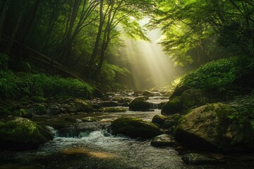 Lush forest stream sunlight