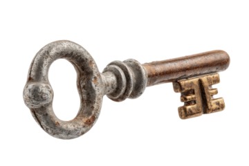 PNG Rusty vintage skeleton key with circular bow isolated on black background