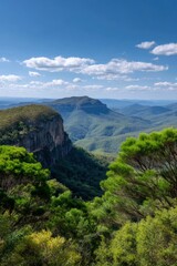 Fototapeta premium Serene Mountain Vista: Lush Greenery and Majestic Cliffs