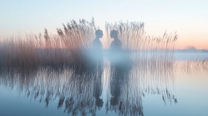 Obraz premium Reflections of tall reeds on a still pond at sunrise