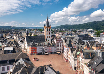 Summer skyline cityscape of Trier, Rhineland-Palatinate, Moselle, Germany. Wide panoramic aerial...