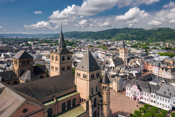Obraz premium Summer skyline cityscape of Trier, Rhineland-Palatinate, Moselle, Germany. Wide panoramic aerial view of Trierer Dom (Trier Saint Peter's Cathedral) and city landmarks