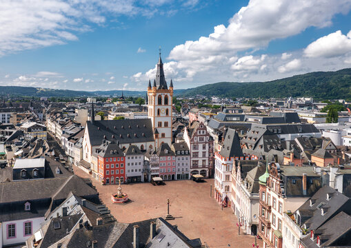 Summer skyline cityscape of Trier, Rhineland-Palatinate, Moselle, Germany. Wide panoramic aerial view of Hauptmarkt (central market square) and city landmarks