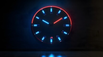 Illuminated Clock: A modern, minimalist clock face glows vibrantly against a dark backdrop, with radiant neon details and a striking visual of time passage. 