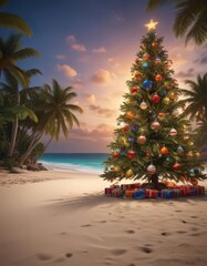 Lush tropical beach; solitary Christmas tree, twinkling lights, colorful ornaments ,  beach,  contrast,  ornaments
