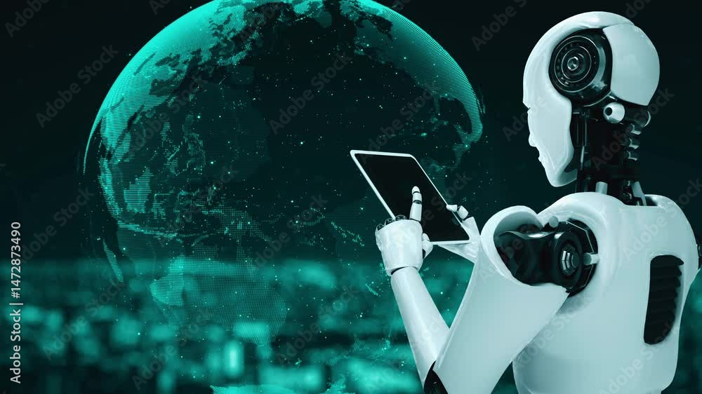 Poster ai robot huminoid uses cloud computing technology to store data on online server . futuristic concep