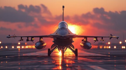 Fighter jet readies for takeoff against a vibrant sunset sky and glistening runway