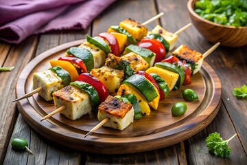 Grilled Paneer Skewers With Vegetables On A Wooden