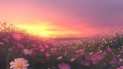 Dreamy cosmos field under vibrant sunset, painting romantic landscapes