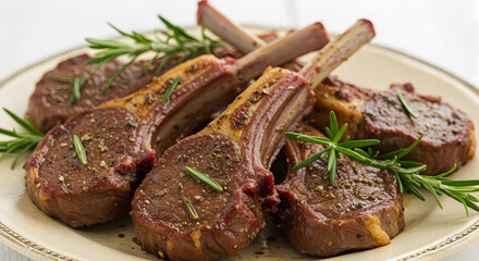Perfectly Grilled Lamb Chops With Rosemary Sprigs Ready To Be Served