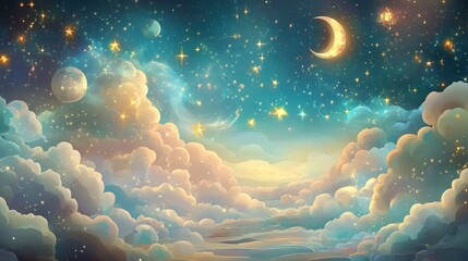 Dreamy celestial nightscape featuring clouds, moons, and sparkling stars