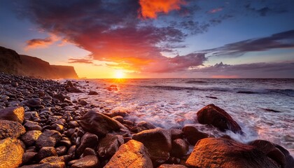 dramatic sunset on rocky beach