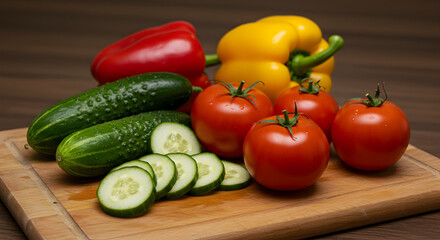 Fresh Vegetables Still Life Arrangement On A Wooden Cutting Board