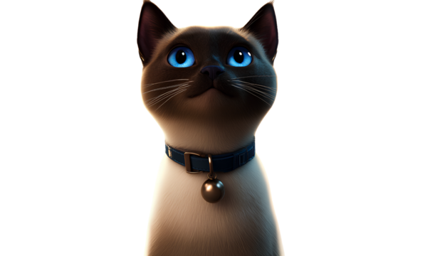  A stop motion cat with blue eyes, wearing a collar, on a transparent background with no shadows, text, or cut-off edges