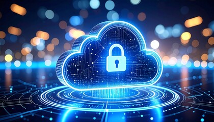 Abstract illustration of cloud security services, stylized cloud icon integrated with a secure padlock symbol, representing data protection and cybersecurity in cloud computing environments