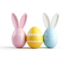 Three Easter eggs with bunny ears.  Pastel-colored eggs with playful designs