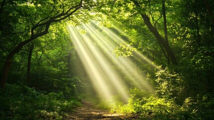 Obraz premium Sunlight streams through a dense forest. Lush green foliage and beams of light create a serene and peaceful scene