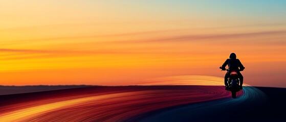 A lone motorcyclist rides into a vibrant sunset, the road blurring with motion