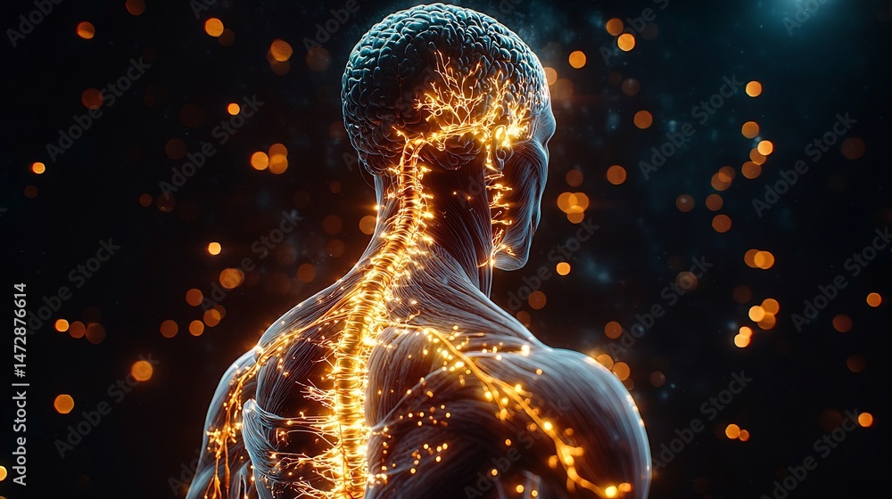 Poster ultra detailed view of human nervous system highlighted nerves running through the spine and limbs c