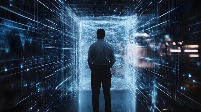 Navigating the Digital Frontier: A lone figure stands at the threshold of an abstract, neon-lit digital tunnel, symbolizing the exploration of data, innovation, and the future.