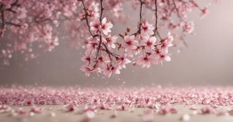 Fototapeta premium Delicate pink sakura petals drift on a soft-focus background, springtime serenity , fresh, pretty, close-up