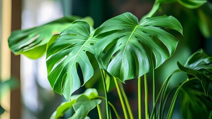 Obraz premium Lush green monstera deliciosa plant leaves close up vibrant tropical foliage leaf fresh flora image