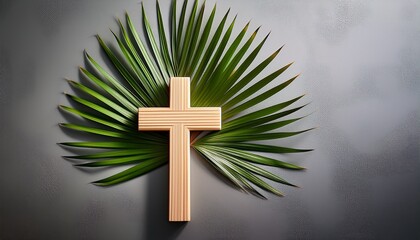 christian cross and green palm leaf gray background holy week palm sunday