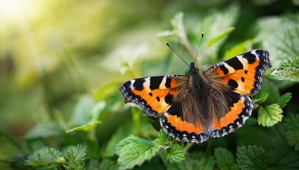 Fototapeta premium a small tortoiseshell butterfly resting against the lush green of the undergrowth