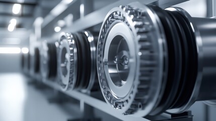 Fototapeta premium Close up view of industrial machinery components in a modern workshop environment