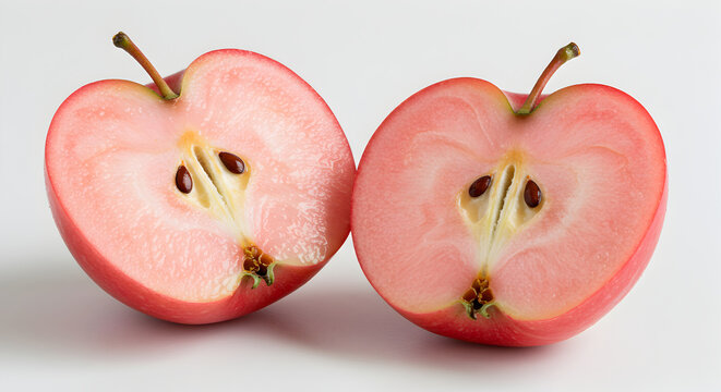 Two Halves Of A Red Pink Flesh Apple On A Bright Surface