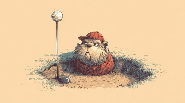 A humorous depiction of a groundhog in a golf hole.