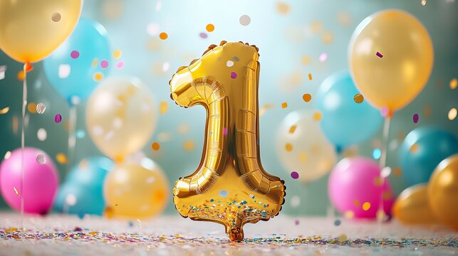 Golden number one balloon festive birthday party celebration fun joy year happy event first decor