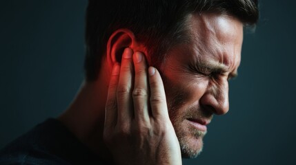 Fototapeta premium Person touching ear, dealing with extreme earache