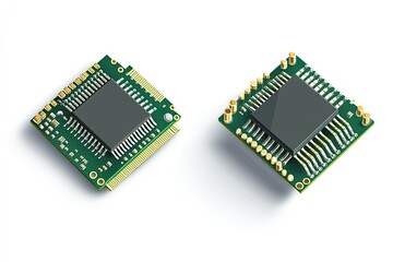 Two computer circuit boards with integrated chips.  Detailed isometric view of electronic components