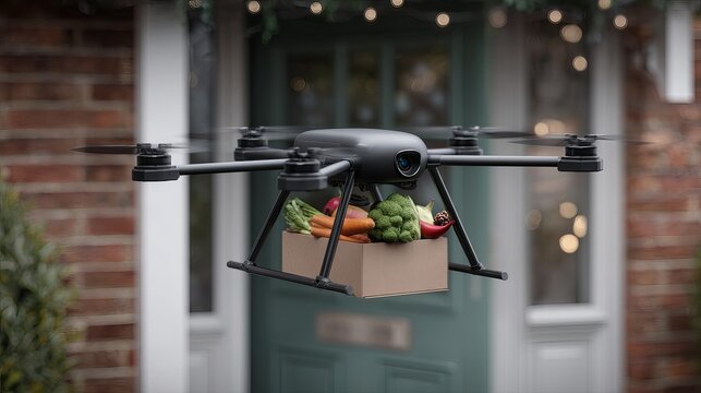 Drone delivering fresh groceries to a home near brick building during the holidays, showcasing modern technology and convenience. - Powered by Adobe