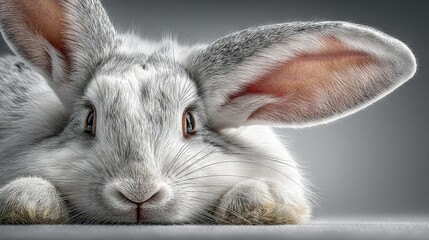 Obraz premium A photo of a rabbit's face, close-up, with its head resting on paws on a table