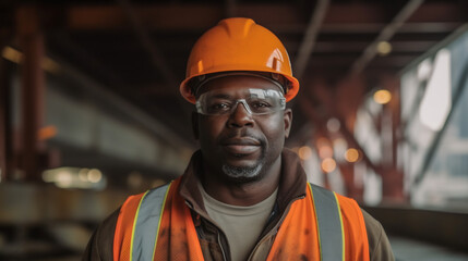 Dedicated civil engineer standing before complex bridge under construction Their high visibility jacket helmet convey professionalism safety while backdrop of scaffolding steel beam highlight scale
