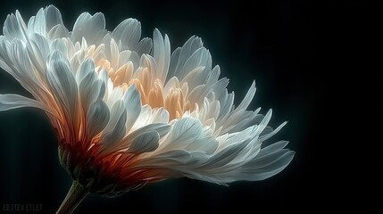  A close-up of a flower on a black background, with a blurred center