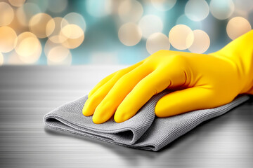 Close-up of a gloved hand cleaning a kitchen countertop with microfiber cloth during household chores in modern home. gloved hand gently wipes kitchen countertop with microfiber cloth, clean surface