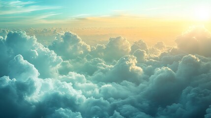 Stunning aerial view of soft blue cloudscape at sunset golden hour light sky art calm high image