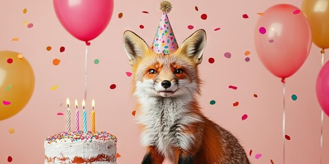 photo of fox wearing birthday hat with birthday cake with one single candle, confetti, balloons, isolated on solid background
