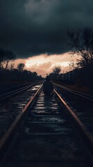 Fototapeta premium Solitary Figure on the Rails: A lone figure hunched low, poised on railway tracks, under a dark, stormy sky. The composition invokes a sense of introspection and journey amidst the somber atmosphere.