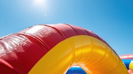 Obraz premium A close-up of a colorful inflatable structure under a bright blue sky on a sunny day.