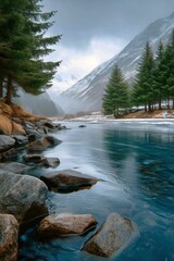 Fototapeta premium Serene River Flowing Through Rocky Shoreline With Mountains and Pines in Misty Landscape