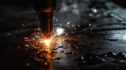 Industrial metal cutting process with bright sparks and hot metal weld dark fire heat glow laser