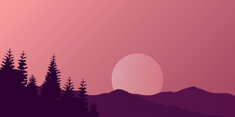 Nature at sunset. Silhouettes of trees and mountains against the backdrop of a large setting sun, creating an atmosphere of tranquility, harmony and beauty of the natural landscape.