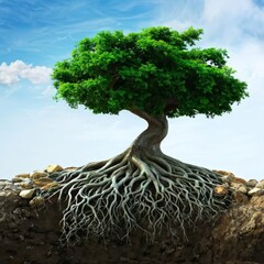 tree with roots isolated on white.