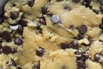Overhead view of chocolate chip cookie dough, top view of homemade chocolate chip cookie dough