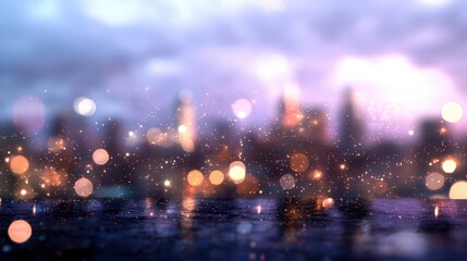 A dreamy cityscape with blurred lights and gentle rain, creating a magical and tranquil evening atmosphere.